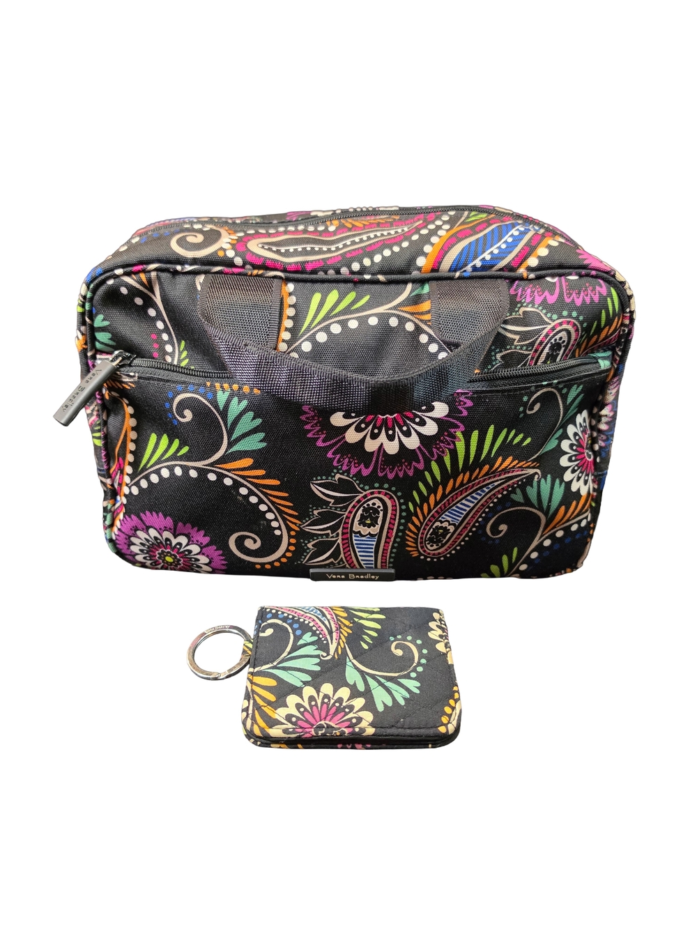Vera Bradley Black Floral Paisley Travel Cosmetic Bag with Keyring Cardholder